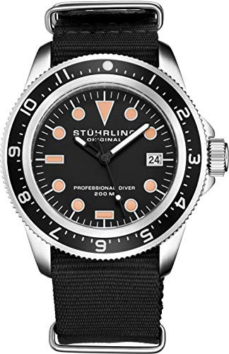 Stuhrling Original Uhren für Herren – Taucheruhr – Sportuhr für Herren mit verschraubter Krone für wasserdicht bis 200 m – Nylon-Analoguhr, japanisches Quarzuhrwerk – Herrenuhren, orange / schwarz,