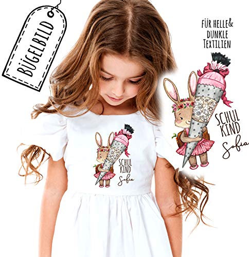 Bügelbilder zum Schulanfang Häschen mit Schultüte & Wunschname Schulkind Applikation Kissen Shirt Taschen Bügelbild Patch in A5 bb181 ilka parey wandtattoo-welt®