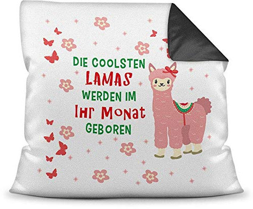 PR Print Royal Personalisiertes Geburtstags-Kissen mit Monatsangabe - Cooles Lama - Geschenkidee/Deko-Kissen / 40x40 / Tiermotive/TOP-Qualität - Rückseite Schwarz inkl. Füllung