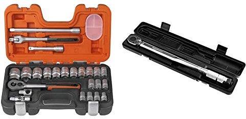 Bahco S240 Socket Set 24 Piece 1/2 Square Drive & Amazon Basics 1/2-Inch Drive Click Torque Wrench - 20-150 ft.-lb, 27.1-203.5 Nm
