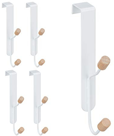 Relaxdays 15 x Türhaken doppelt, skandinavisch, Doppelhaken Tür, Eisen und Holz, Türgarderobe H x B x T: 16 x 2 x 7 cm, weiß/natur