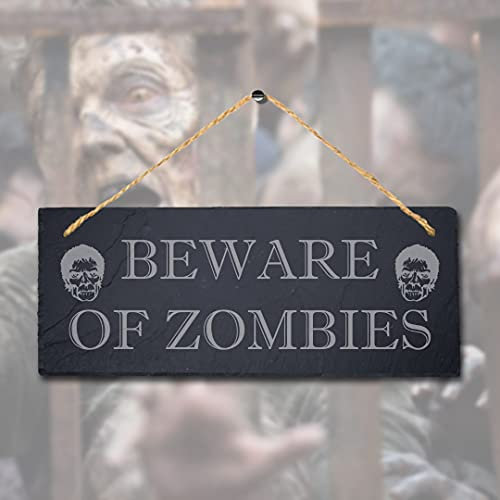 Stukk Mancave Train Vampire Wolves Laser Hanging Caution Humorvolles Heimdekor Schild (Vorsicht vor Zombies), Naturgravur, Schieferstein-Plakette, 30 x 12 cm (groß)
