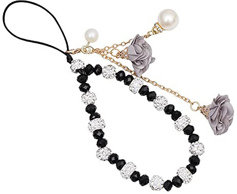 Uposao Bling Diamant Strass Handschlaufe für Telefon,Blume Handykette Perlen Handyanhänger Telefon Kette Handy Strap Perlen Lanyard Handgelenk für Telefonkasten Kamera Schlüsselbund USB-Stick,Schwarz