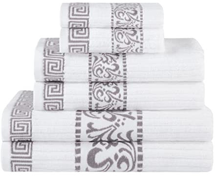 Superior 6-teiliges Handtuch-Set aus Baumwolle, dekoratives griechisches Muster, für Zuhause, saugfähige Handtücher, Badezimmer-Dekor, Spa, Resort, inklusive 2 Händen, 2 Gesichts- und 2 Badetüchern,