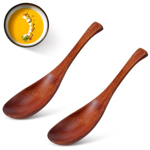 Cuchara de sopa de madera, 2 uds., cucharas de sopa de Ramen japonesas, cucharas de mesa de mango corto de 6,1 pulgadas, cuchara de cena de degustación de cocina