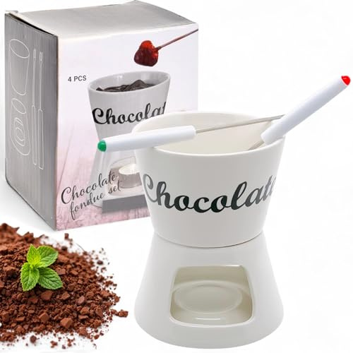 MIJOMA Schokoladenfondue-Set | Keramik Schoko-Fondue mit 2 Gabeln | Weiß Ø12x15cm | Chocolate Schriftzug | Ideal für Früchte, Kekse & Dessertabende