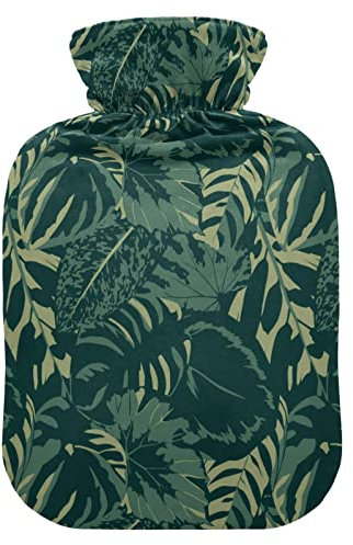 Oarencol Tropical Palm Leaf Hot Water Bottle Vintage Dark Green Leaves Warm Water Bag with Cover for Hot and Cold Compress 1 Liter