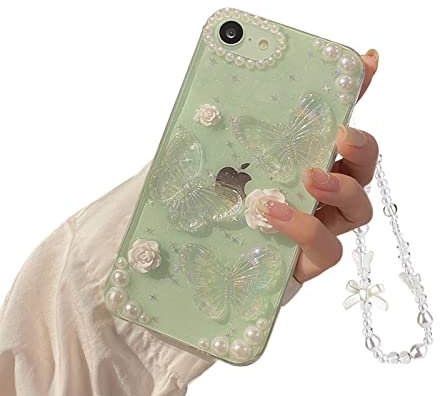 Fycyko Compatible with iPhone 7/8/SE 3D Butterfly Floral Clear with Design Aesthetic Women Teen Girls Glitter Pretty Crystal Sparkle Sparkly Cute Girly Phone Cases Protective Cover+Chain-Clear