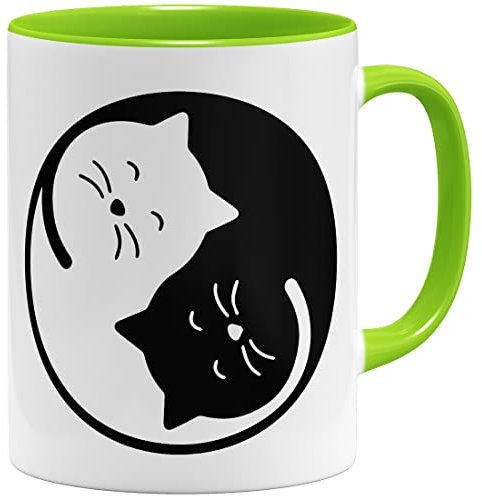 OM3® Tasse mit Katzen-Motiv Yin and Yang Cats II | Keramik Becher | 11oz 325ml | Beidseitig Bedruckt | Hellgrün
