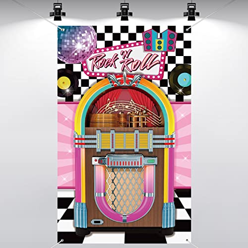 Nuenen 50er Jahre Sock Hop Party Dekoration: Jukebox Banner mit Retro Design, Schwarz-Weiß-Rosa, Stoff, 180 x 90 cm, Inkl. Weißem Seil, Ideal für Geburtstage