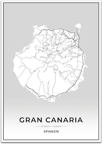 Vacentures Gran Canaria Karten Poster - Premium Wandbild ohne Bilderrahmen I Moderne Wanddeko für Wohnzimmer oder Schlafzimmer I Hochwertiger Druck (Schwarz Weiss, 30x40 CM)