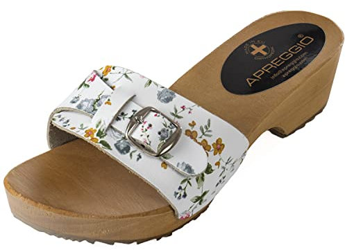 APREGGIO Sabots Femme Bois – Mules à Talon avec Bride Fleurie Réglable – Confort Anatomique – Chaussures d’Été Mules Sabots - Taille 40 EU