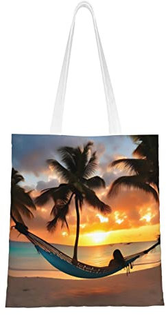 PIXOLE Bolsa de lona ecológica con estampado de humo colorido, bolsas de hombro, perfectas para compras y viajes diarios, hamaca para la puesta de sol en la playa del coco, Talla única