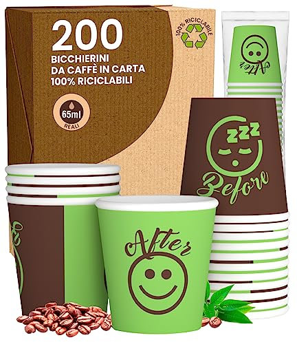 200 Coffee Paper Cups, 65 ml, DownUP Green Eco Cups, Biodegradable, Disposable Small Takeaway Hot Drinks