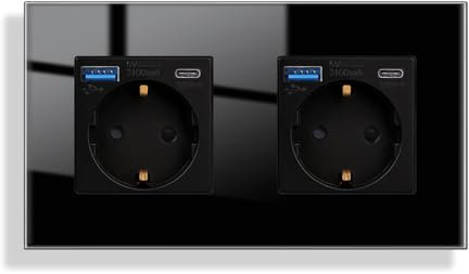 JIMEIDA Doppelsteckdose Glas mit USB 20W Schnelles Laden in Schwarz Unterputz,2 Fach 16Amp Steckdosen mit USB A und Type C max.3.1A,157 * 86mm,250V