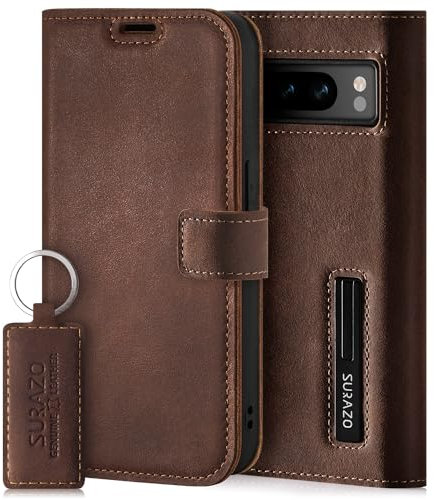 SURAZO Handyhülle für Google Pixel 8 Pro Hülle Leder – Klappbar Echtleder Schutzhülle [ Magnet, Kartenfach, RFID Schutz, Standfunktion ] Flip Klapphülle Case Cover Lederhülle (Nussbraun)