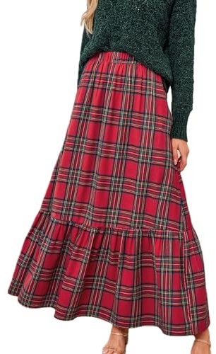 CUPSHE Damen Rock Hohe Taille Karomuster Rüschen Maxi Röcke Elastische Taille Karierter Freizeitrock Plaid Long Skirt Rot XL
