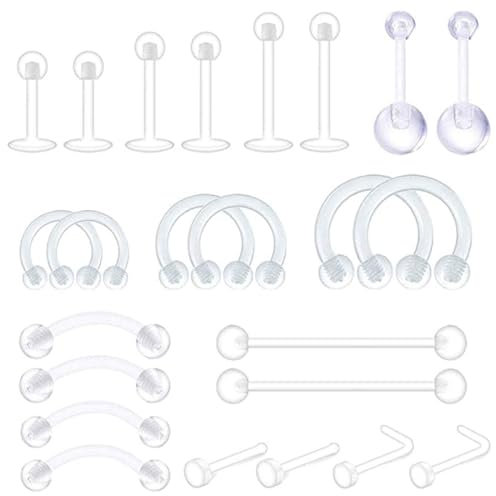 BZKSER retainers - 24 pcs Durchsichtige Plastik Cartilage Helix Tragus Piercing Körperschmuck Piercing Retainer Flexible Kunststoff Nasenseptum Lippe Augenbrauenringe Mix Retainers Set,Mehrzweck
