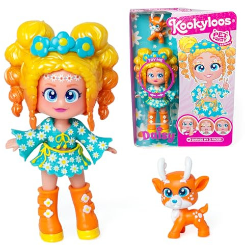 KOOKYLOOS Pet Party Daisy Serie Daisy Sammlerpuppe mit einem Hirsch Haustier inkl Daisy Puppe, 1 Haustier, Kleidung und Schuhe Mode und 1 Zubehör.1 Puppe, 3 Verschiedene Gesichter!