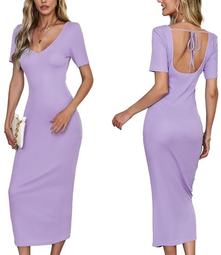 VOGMATE Vestito Lungo Donna Discoteca Manica Corta Sexy Skims Dress Abito Cocktail Donna Tubino da Sera Elegante,Viola Chiaro, S