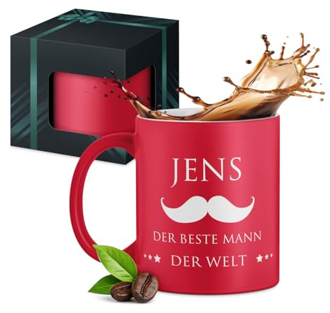 Maverton Keramik Kaffeetasse 330ml mit Gravur - Kaffeebecher mit funktionellem Henkel - personalisierter Keramikbecher für Männer zum Geburtstag zu Weihnachten - matt rot - Innen weiß - Mann