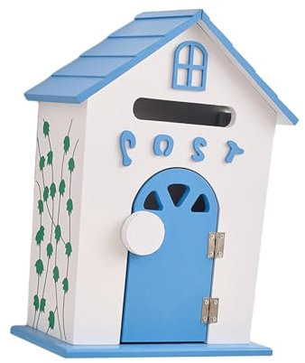 Folpus Holz-Wandbriefkasten, Kindergarten-Briefkasten, Außenkasten, funktional, 22 x 12 x 32 cm, robuster, rustikaler Außenbriefkasten, Blau