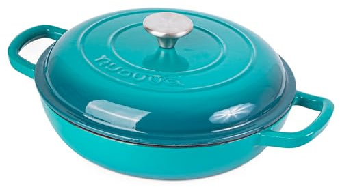 Shallow Cast Iron Casserole with Lid – Non Stick Dutch Oven Pot, Oven Safe up to 500° F – Sturdy Ovenproof Stockpot Cookware – Enamelled Cooking Pot – Teal, 2.3-Quart, 26cm – by Nuovva