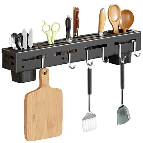 Wall Mounted Stainless Steel Knife Holder, Cutlery Rack Set, Kitchen Knife and Fork Cutlery and Knife Organiser with Slots Kitchen Storage Tool with 8 Hooks black