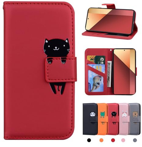 Rostsant Coque Xiaomi Redmi Note 13 Pro 4G Housse en Cuir Etui Portefeuille Xiaomi Poco M6 Pro 4G Coque de Protection pour Xiaomi Redmi Note 13 Pro 4G/Poco M6 Pro 4G Chat Rouge