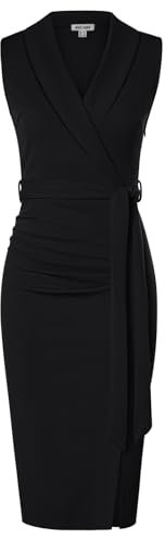 GRACE KARIN Ladies Shawl Collar Bodycon Midi Dress Sleeveless Wrap Slit Black Desses for Funeral Cocktail Party Night Size 16