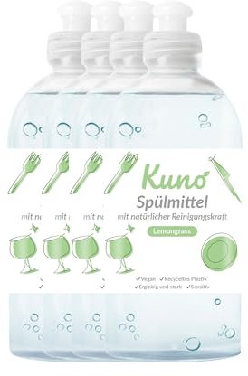 Kuno - Geschirrspülmittel, biologisch abbaubar, vegan, Lemongrass, hautpflegend durch Urea, entfettet, flüssig, ergiebig und stark (500 ml, 4er Pack)