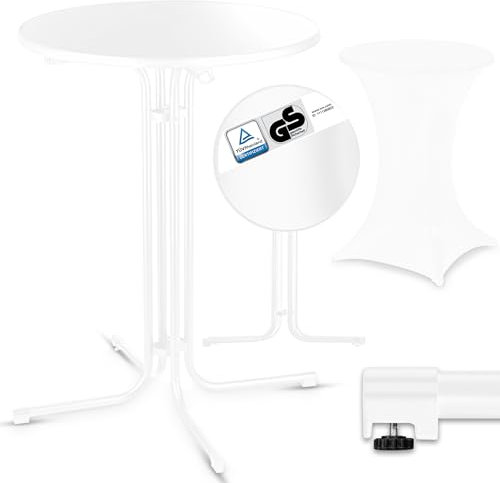 VESKA® Gastro Stehtisch Ø 80cm inkl. Husse, Bistrotisch klappbar Indoor & Outdoor, höhenverstellbare Füße, Klapptisch rund - Partytisch, Empfangstisch, Gartentisch wetterfest (weiß)