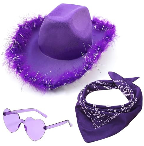 HYMBCFW Cowboyhut, 3PCS Filz Cowboyhut Cowgirlhut mit Herzbrille Schal und Cowgirlkostüm Accessoires Damen - Wilder Westen für Party, Cosplay & Karneval (Lila)