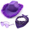 HYMBCFW Cowboyhut, 3PCS Filz Cowboyhut Cowgirlhut mit Herzbrille Schal und Cowgirlkostüm Accessoires Damen - Wilder Westen für Party, Cosplay & Karneval (Lila)