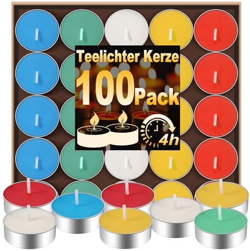 EOGRFW 100 Stück Bunte Teelicht, Teelichter mit 4 Stunden Brenndauer, Rauchfreie Farbigen Teelichter, Duftfreie Teelicht für Hochzeit Zuhause Romantisches Abendessen Bad Spa (5 Farben)