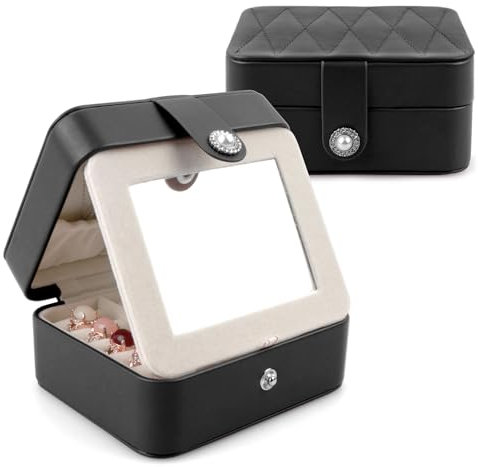 Homeanda Schmuckkästchen Reise,Tragbar Schmuckschatulle mit Spiegel, Schmuckbox PU-Leder für Ringe,Halsketten,Armbänder,Ohrringe(Schwarz)