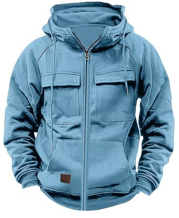 YCBMINGCAN Cargo Jacke Fall Hoodie Herren Einfarbig Langarm Sweatjacke Mit Reißverschluss Kapuzenpullover Loose Fit Tops Herren Zip Up Hoodies Männer Leicht Kapuzenjacke Outdoor (Light Blue #1, M)