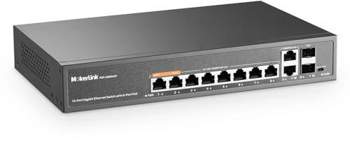 MokerLink Commutateur PoE Gigabit 12 Ports avec 8 Ports PoE+, 2 Uplink Gigabit, 2 Ports SFP, 120W AI Detection, Qos & Extend, Fanless Metal Plug & Play Unmanaged Network Switch