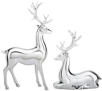 Silver Christmas Reindeer Ornaments | 2-Pack Reindeer Christmas Decorations | Resin Christmas Reindeer Figurines Desk Decor | Holiday Animal Reindeer Statue Present for Christmas Home Decor