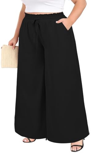 Moon Wood Pantalones Anchos Mujer Verano Talla Grande Pantalon Palazzo Mujer Comodos Cintura Alta Elástico Pantalon Casuales con Bolsillos Negro 2XL