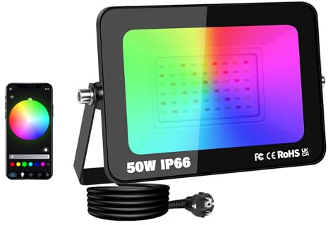 AUXTINGS Projecteur RGB Extérieur 50W, Spot de Couleur avec Application Bluetooth et Télécommande, IP66 Étanche Floodlight LED Changeant de Couleur, Lumière Led pour Jardins, Patios, Christmas