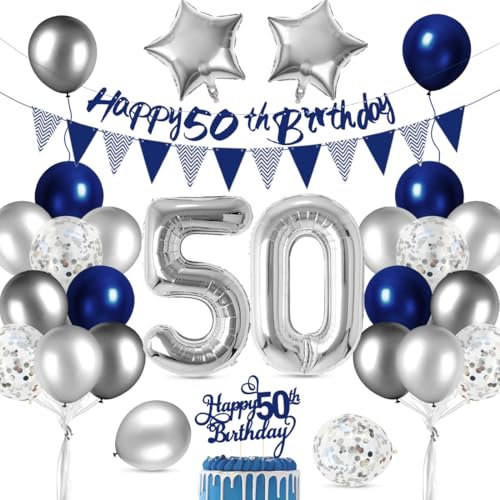 Cadimus 50. Geburtstag Deko,Happy Birthday Ballon Dekoration,50 Geburtstag Blau Silber Luftballons,Happy Birthday Folienballon 50, 50 Jahre Männer Frauen Party Deko