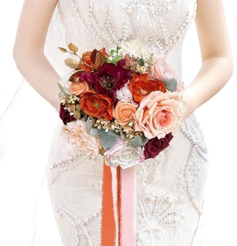 LCiclly Bouquets de Mariage de 21.8 cm pour Mariée et Demoiselle d'honneur, Bouquet de Mariée en Rose Bourgogne Brûlé Terracotta pour Mariage d'automne, Fleur Artificielle en Soie Boho Rustique pour