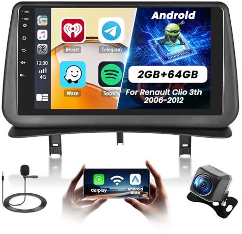 Fuluku 2+64G Android Radio para Renault Clio 3th 2006-2012 Wireless Carplay&Android Auto, 9'' Touchscreen Radio Coche Bluetooth/GPS/Cámara de Marcha Atrás/FM/WiFi/SWC/26UI