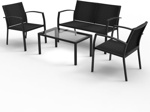 RANSENERS 4-Teilig Premium Gartenmöbelset mit Metallrahmen und Polyrattan Sitzfläche für Garten Terrasse und Balkon (Schwarz)