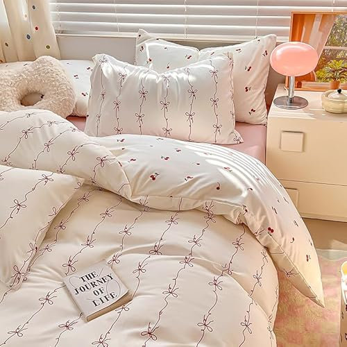 Lanqinglv Bettwäsche 135x200 Mädchen Weiß Rot Schleifen Kirsche Muster,Wende Bettwäsche aus Microfaser,Kinder ÖKO-TEX Bettwäsche Set - Bettbezug mit Reißverschluss und 1 Kissenbezug 80x80 cm