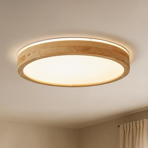 LoryLAB LED Deckenleuchte 40 cm, Handgefertigtes Walnuss-Holz im modernen Wabi-Sabi-Stil, 42W LED 3000K-6000K, Flache Leuchte für Schlafzimmer, Küche, Flur & Esszimmer, Einfache Montage