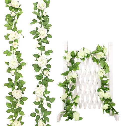 Flower Garland Decoration, 2 Pack White Artificial Flowers Garlands, 220cm Long Artificial Flowers Garlands for Wedding, Party, Home, Garden, Office, and Festival Decorations