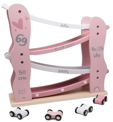 Kugelbahn personalisiert aus Holz mit Namen rosa – Rennbahn für Kinder ab 1 Jahr – Murmelbahn & Autorennbahn Spielzeug – Geschenk 1 2 3 Geburtstag Junge Mädchen – Holzkugelbahn Montessori