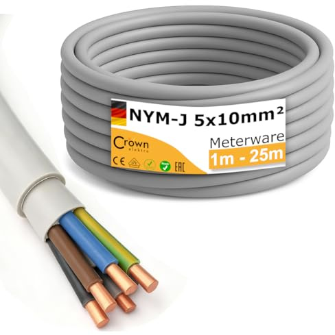 NYM-J 5x10mm² Mantelleitung | 1–25m Meterware | 5-adriges Starkstromkabel aus Kupfer | Feuchtraumkabel für Drehstrom, Wallbox & Elektroinstallation | Made in Germany (20m)